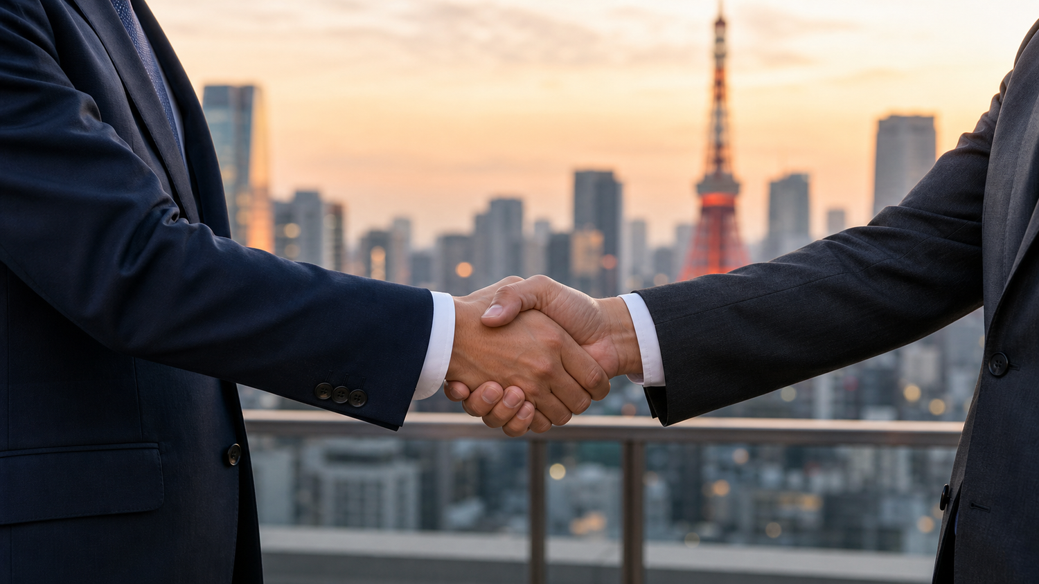Business partnership handshake overlooking Tokyo