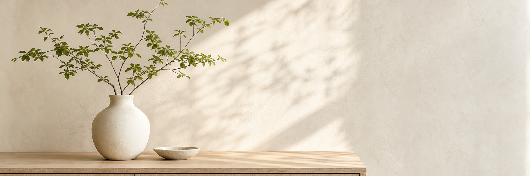 Minimal ceramic vase and green branches in morning light