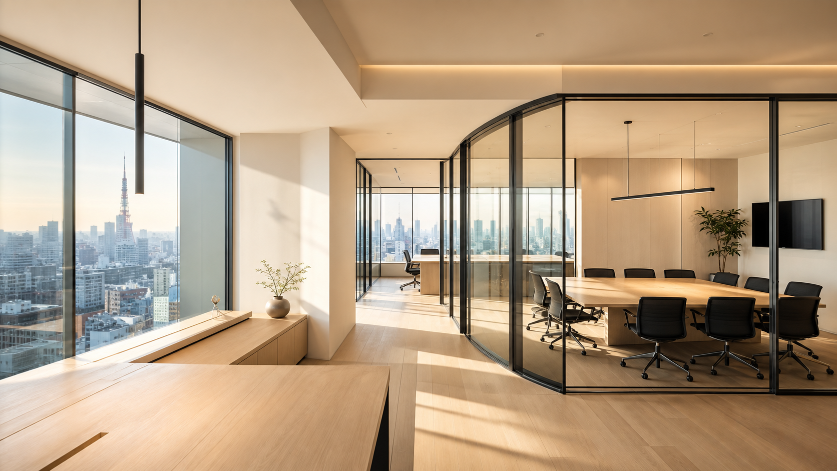 Bright glass meeting rooms in a Tokyo office