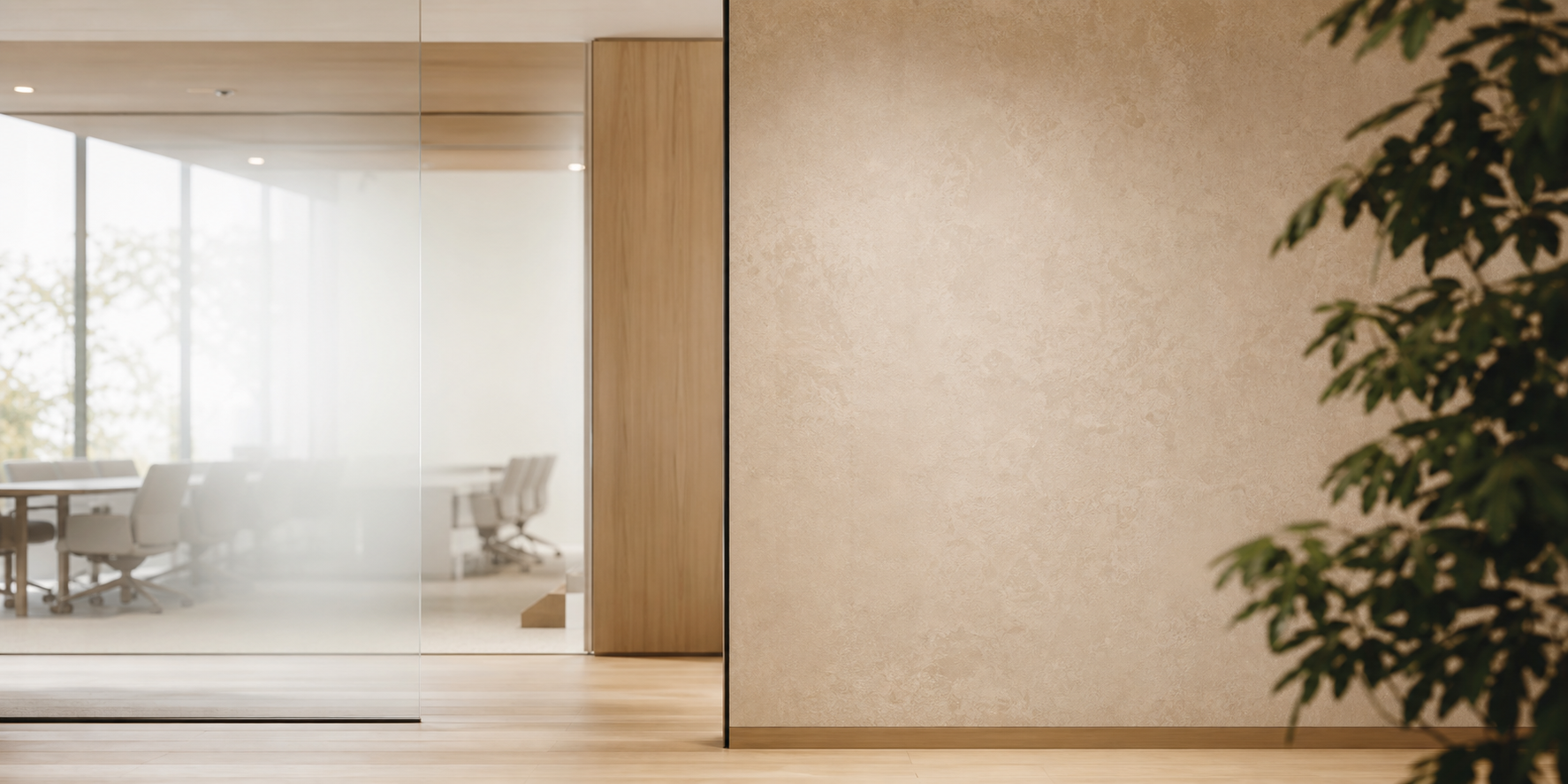 Modern office and warm textured feature wall