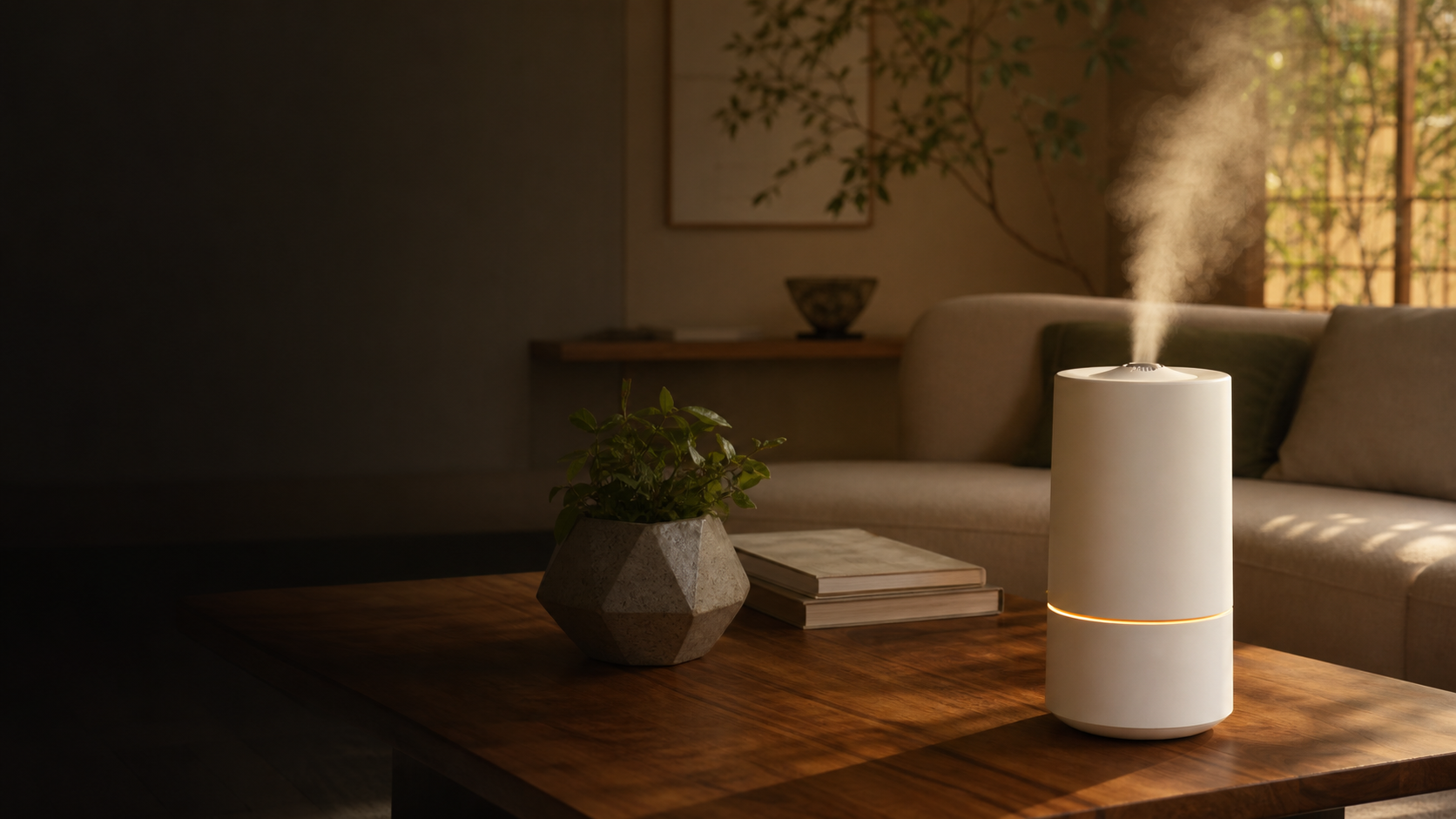 Warm modern living room with ivory humidifier