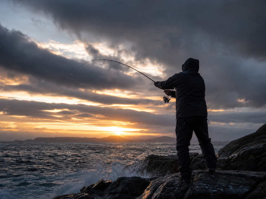 Luchar angler fishing from coastal rocks at sunset