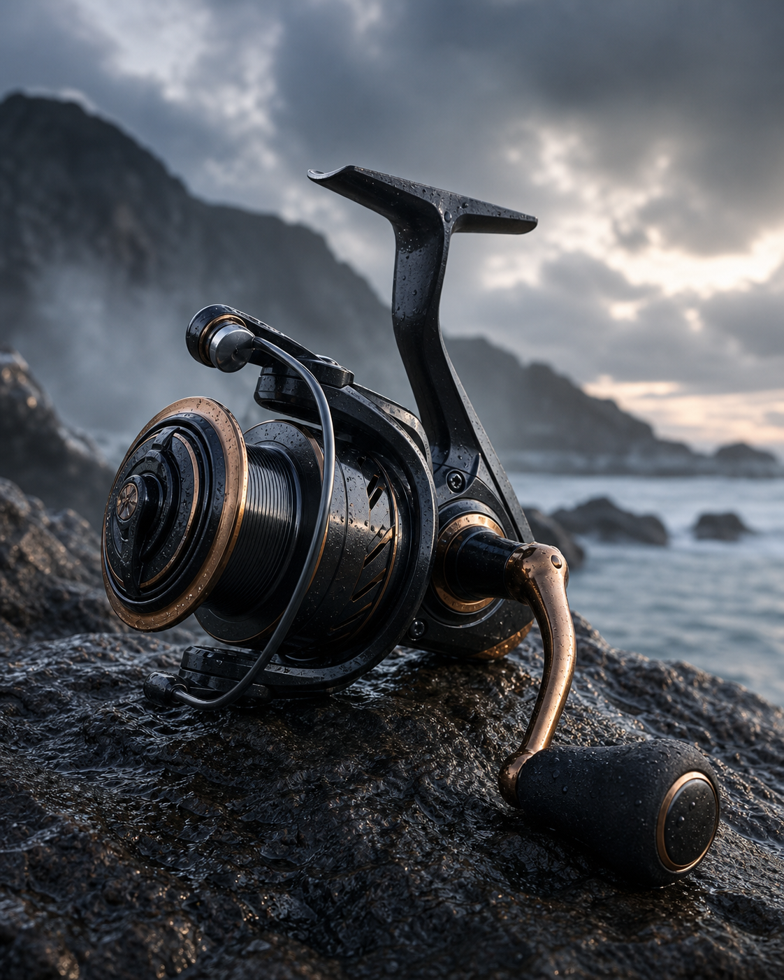 Premium fishing reel on coastal rock