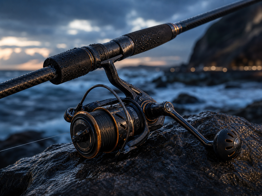 Luchar spinning reel attached to fishing rod